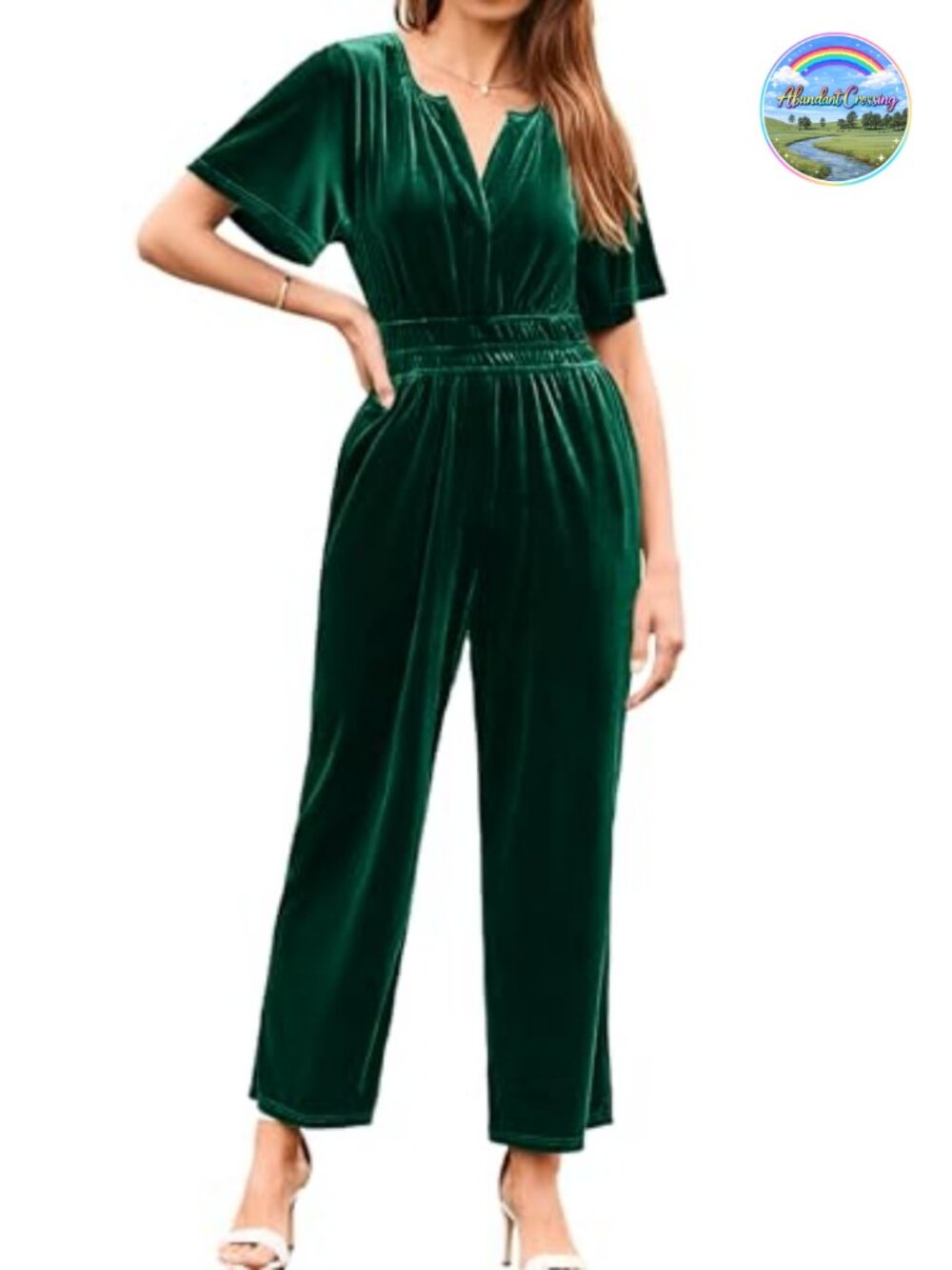 Velvet Wide Leg Jumpsuit V Neck Puff Sleeve Dressy Formal